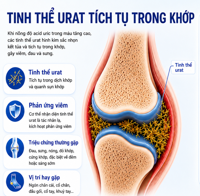 Tinh thể urat tích tụ trong khớp – cơ chế, triệu chứng và vị trí hay gặp